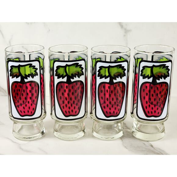 Libbey Strawberry Pedestal Tumbler Glass 16oz Retro 80's 6 1/2" x4 Vintage - Picture 7 of 14